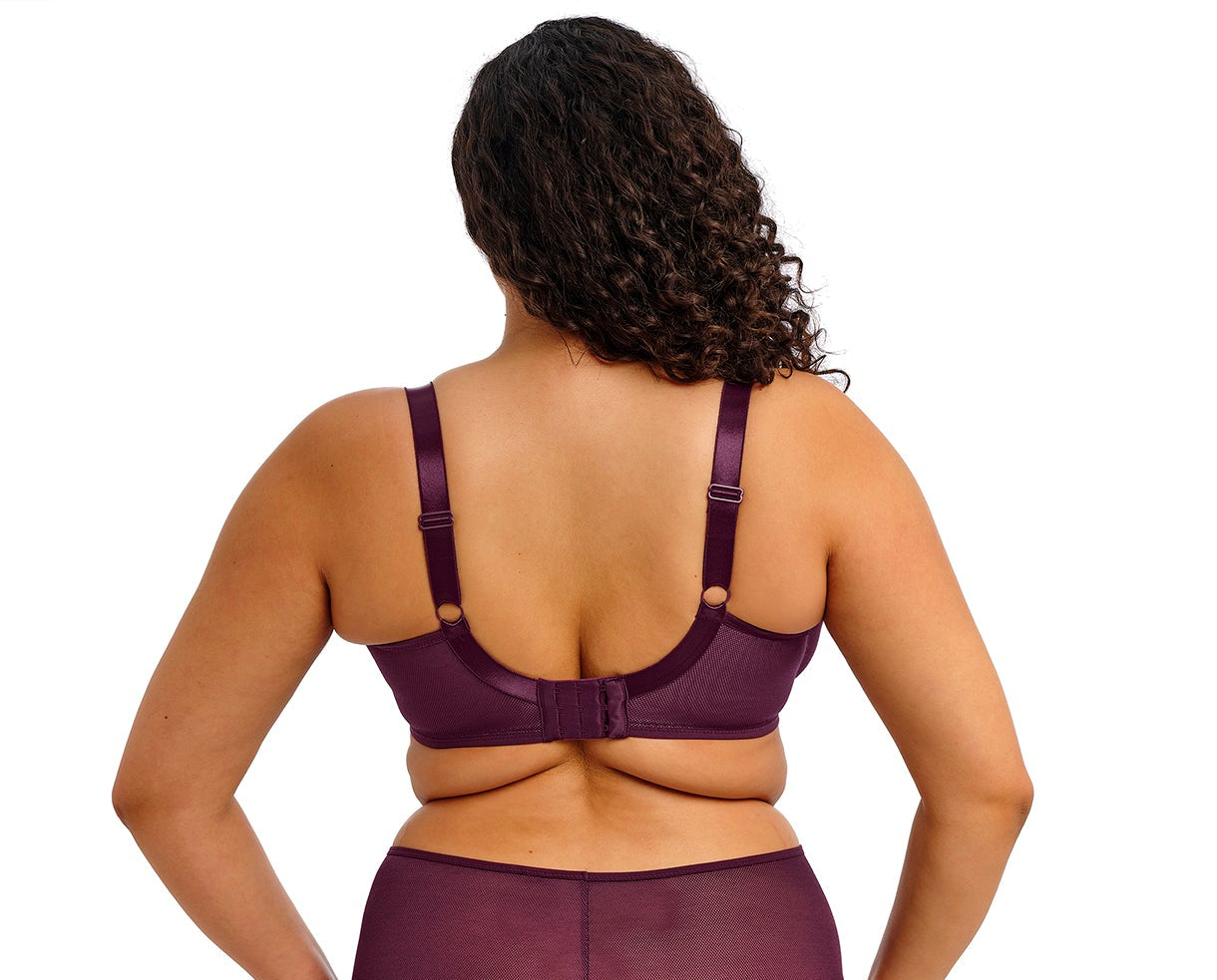 curvy woman wearing a blackberry color big cup bra in mesh