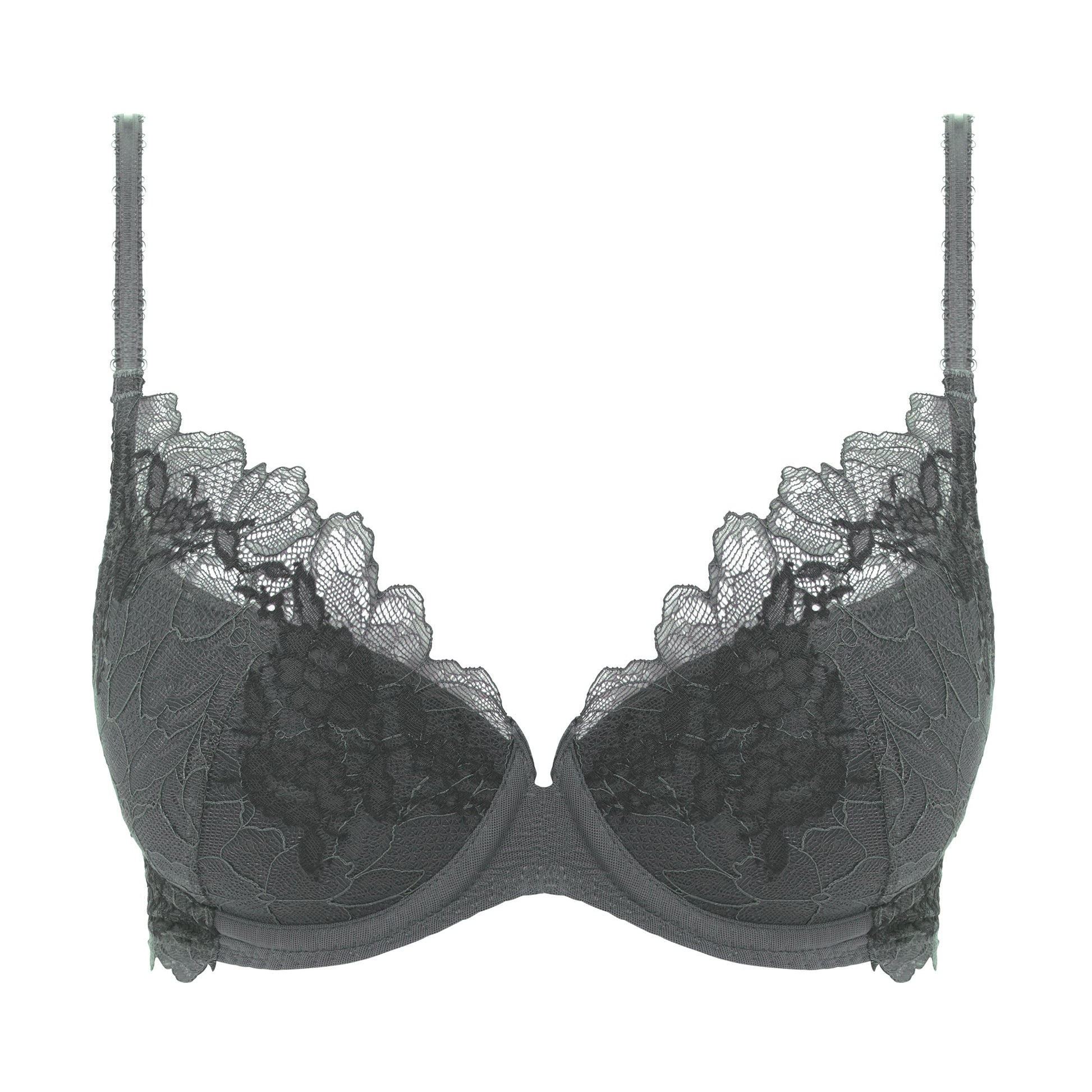 charcoal grey lace plunge bra