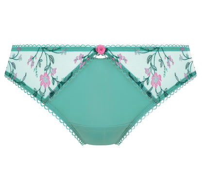women's brief with Delicate pink floral embroidery blooms alongside deep aqua leaves, set across a sheer mesh base in an aqua hue.