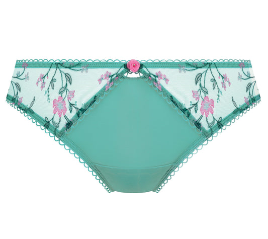 women's brief with Delicate pink floral embroidery blooms alongside deep aqua leaves, set across a sheer mesh base in an aqua hue.