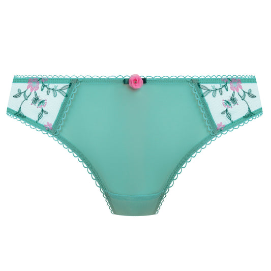 Women's thong in Aqua Haze with embroidered pink flowers on mesh layer