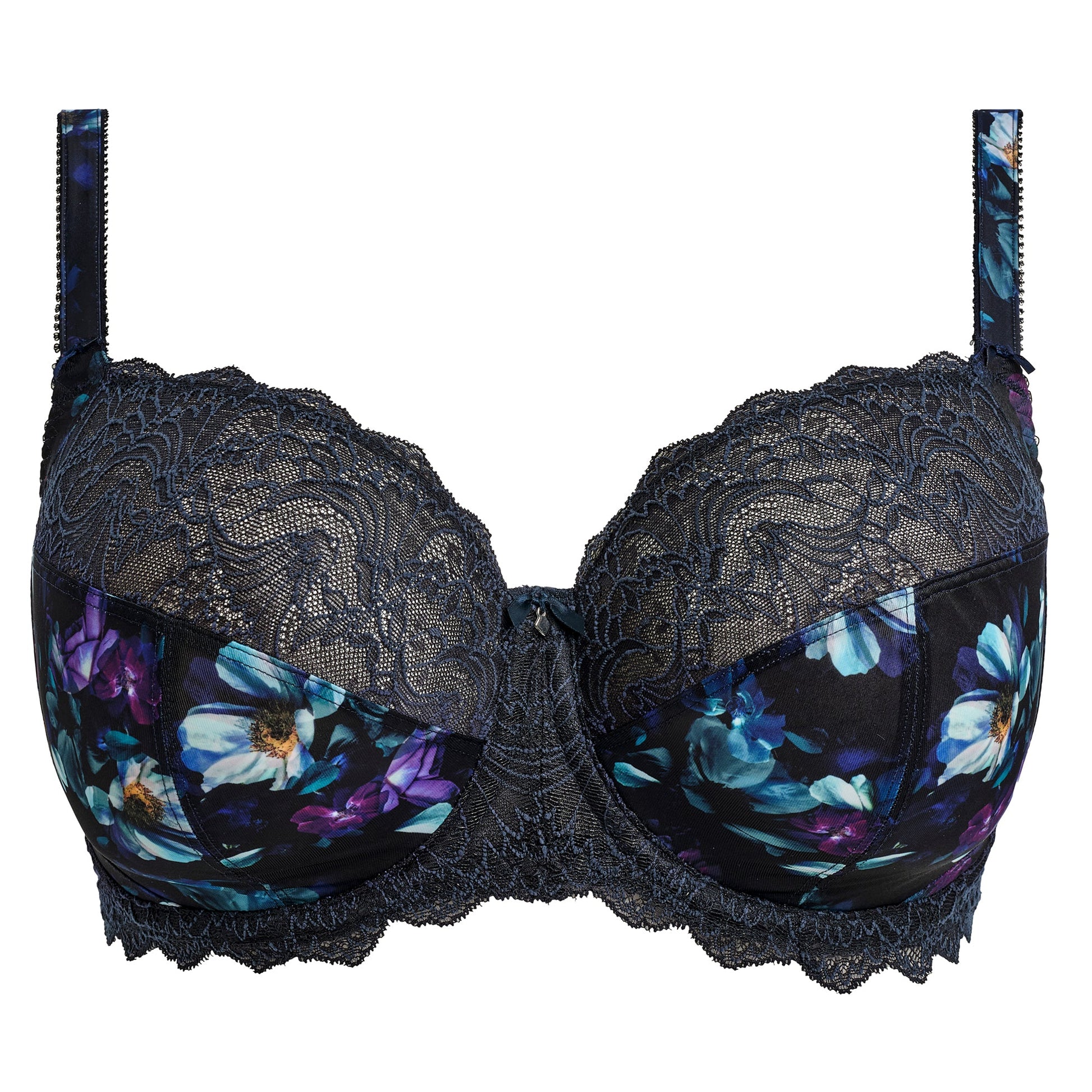 bra in midnight blue color with flowerprint and stretch lace