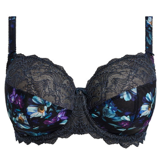 bra in midnight blue color with flowerprint and stretch lace
