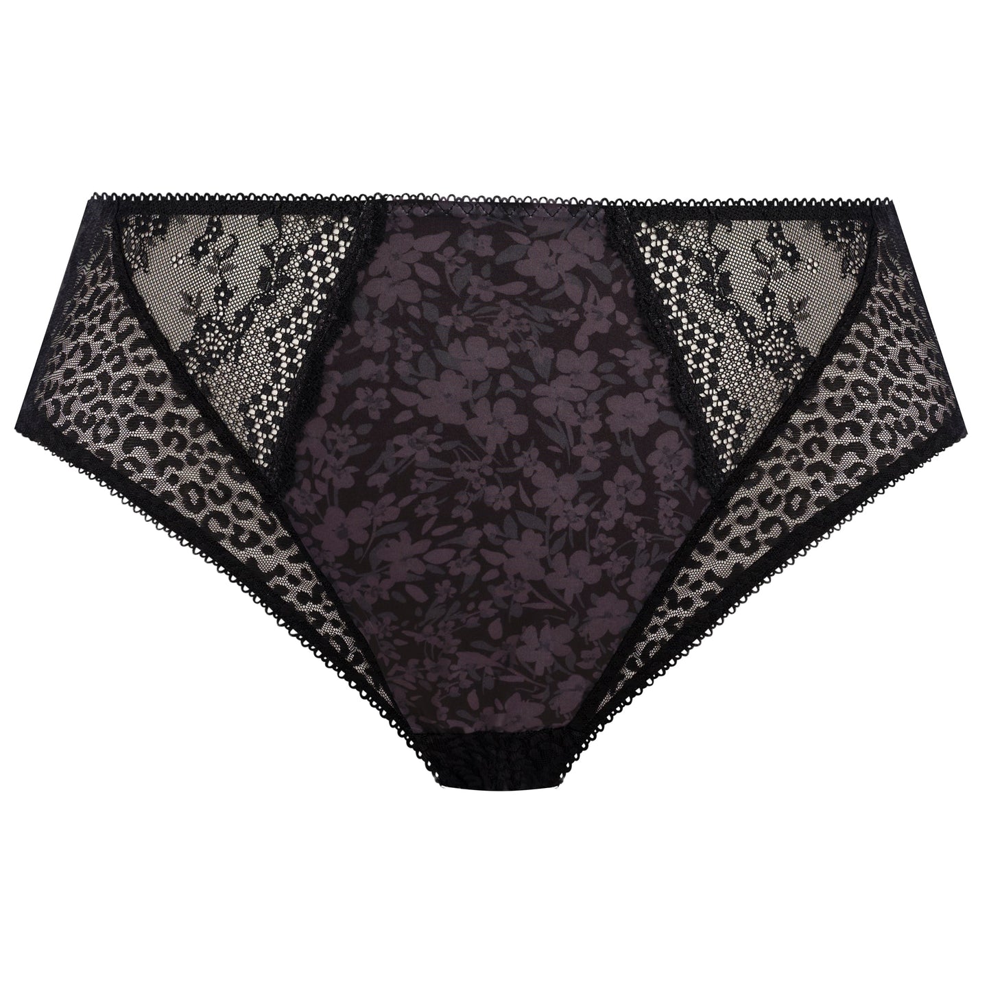 Black lace underwear with leopard print trim on a white background