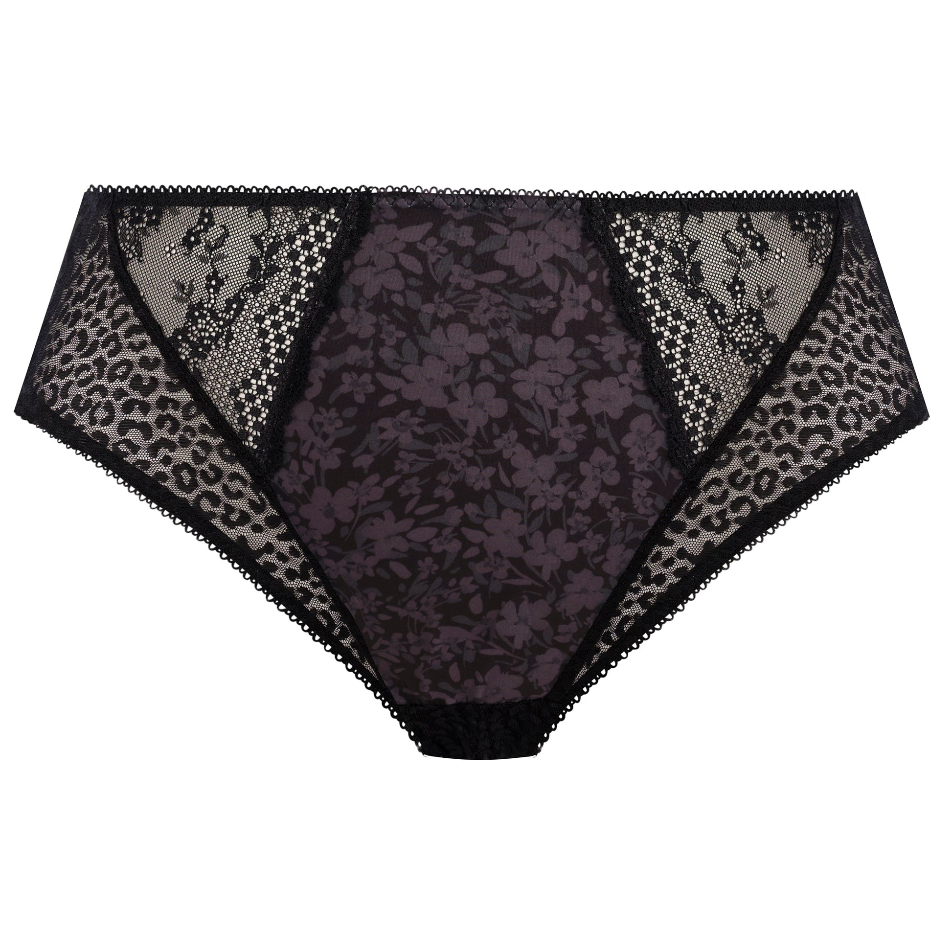 Black lace underwear with leopard print trim on a white background