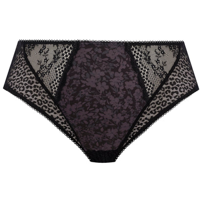 Black lace underwear with leopard print trim on a white background