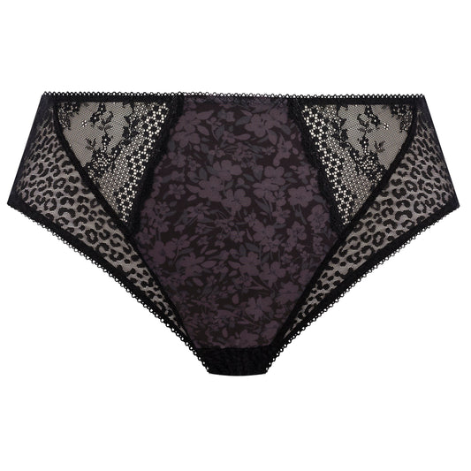Black lace underwear with leopard print trim on a white background