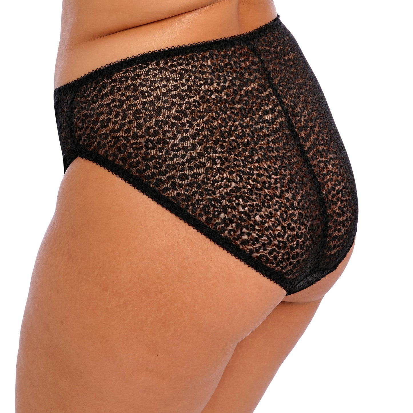 curvy woman wearing Black lace underwear with leopard print trim on a white background