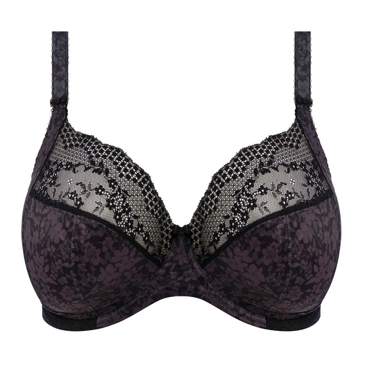 Black lace bra on a white background