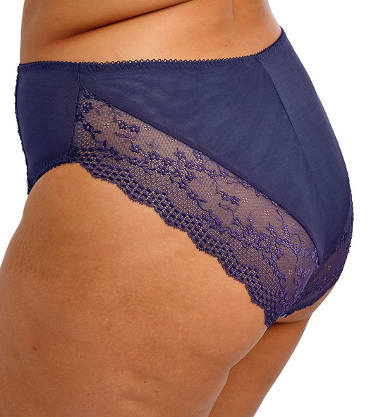 curvy woman wearing a blue purple briefs with print