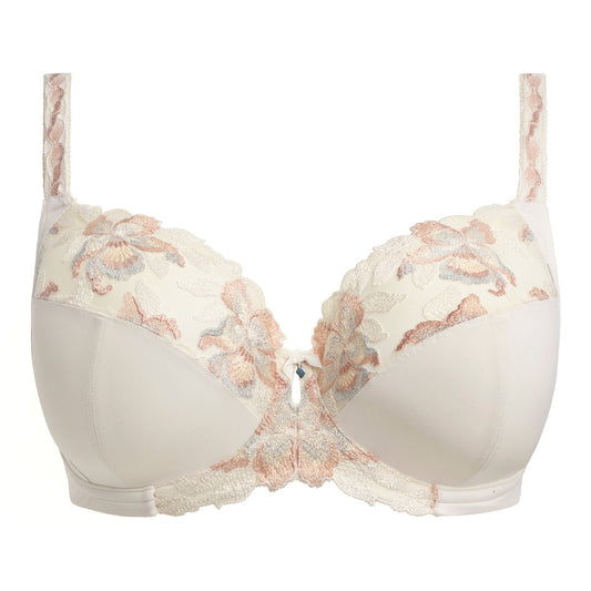 big cup bra with embroidered flowers and lace in ivory color