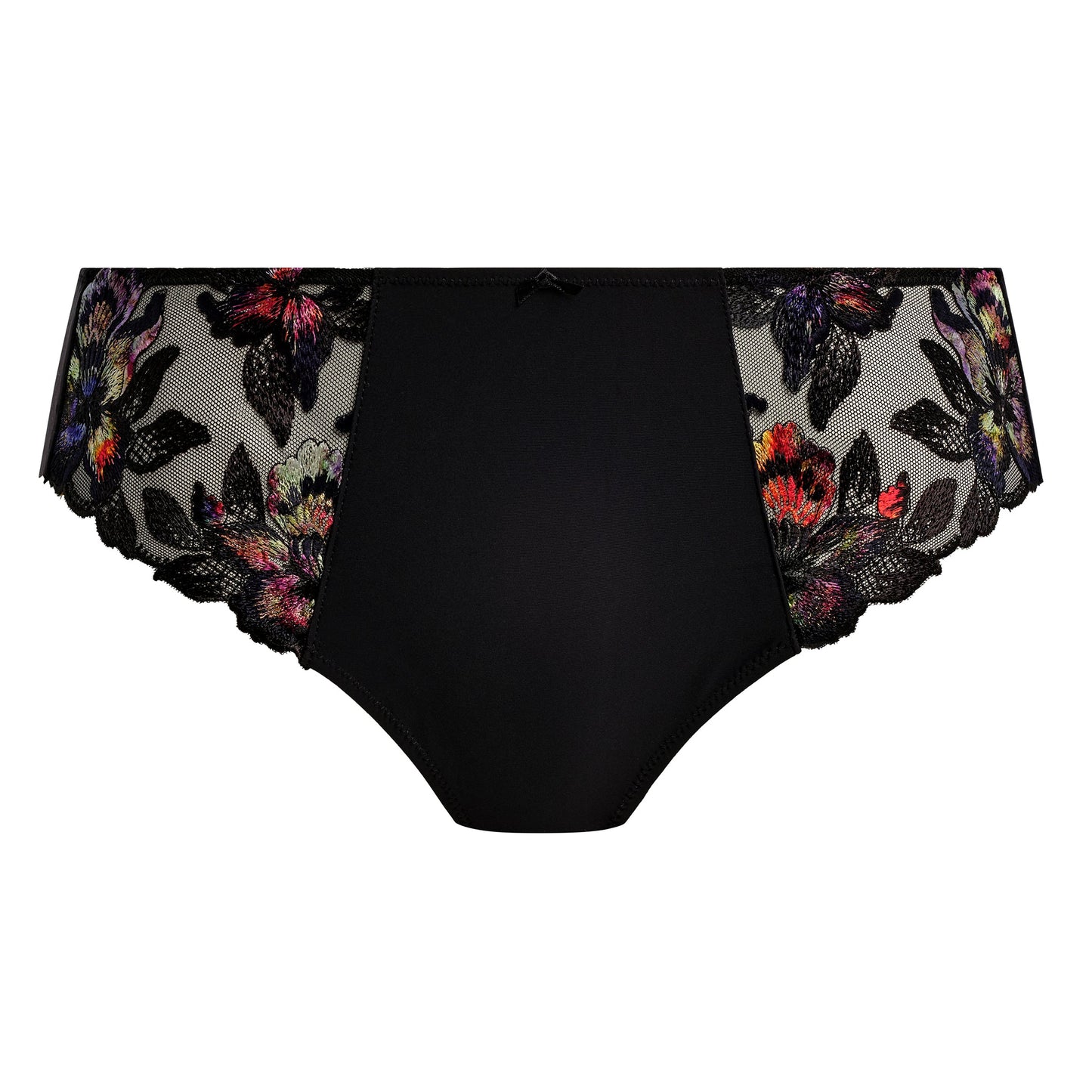 black brief with lace and floral embroidery in sunset colors