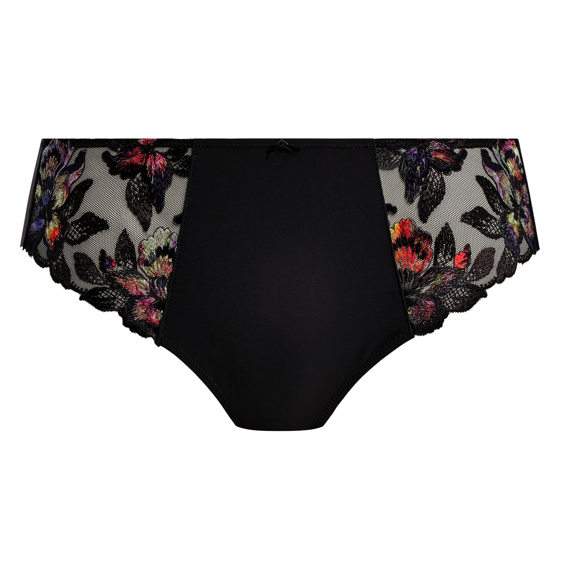 black brief with lace and floral embroidery in sunset colors