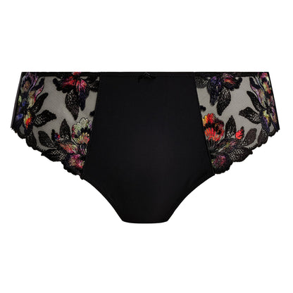 black brief with lace and floral embroidery in sunset colors