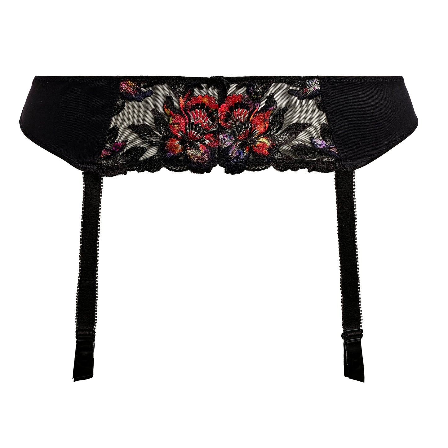 suspender in black with lace and floral embroidery in sunset colors