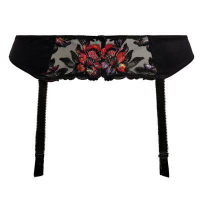 suspender in black with lace and floral embroidery in sunset colors