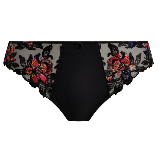 black thong with black lace and embroidered flower details in sunset colors