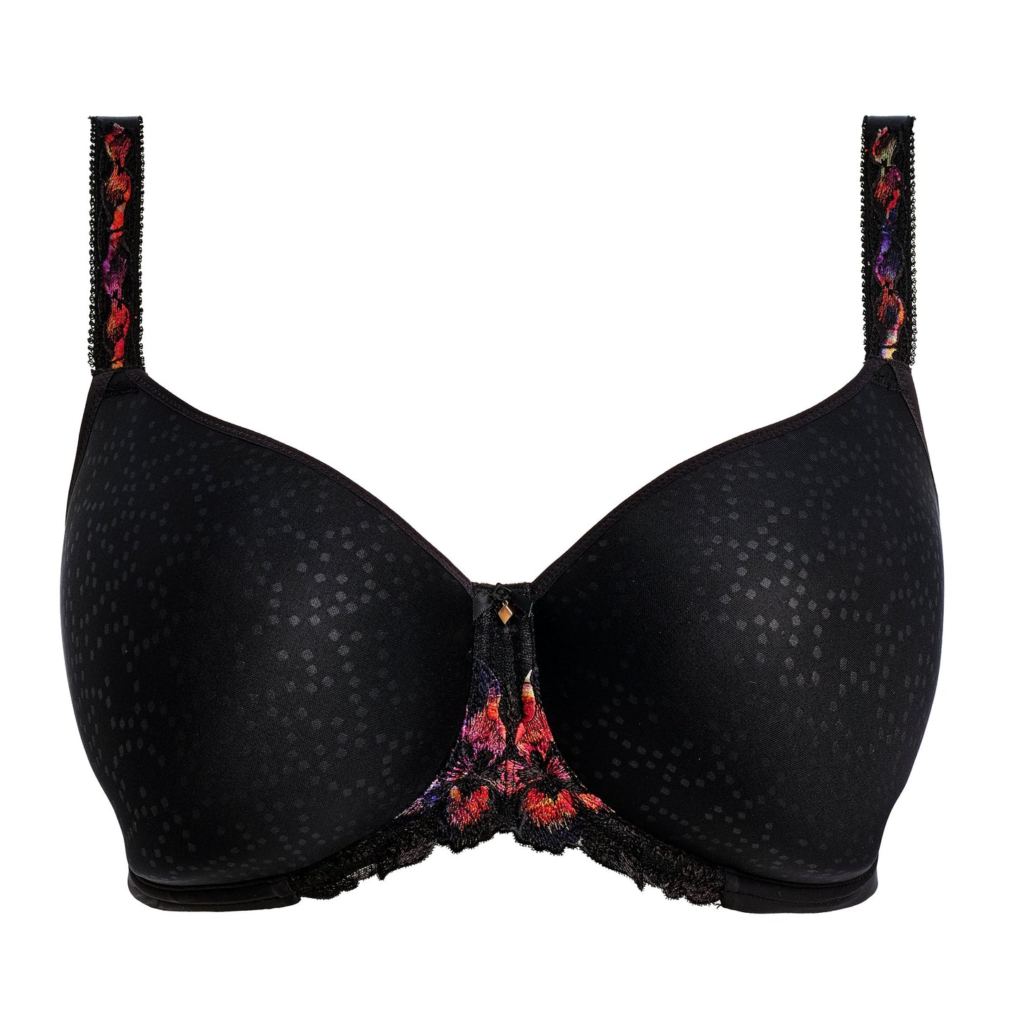 black spacer bra with embroidered floral details in sunset colors