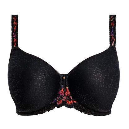 black spacer bra with embroidered floral details in sunset colors
