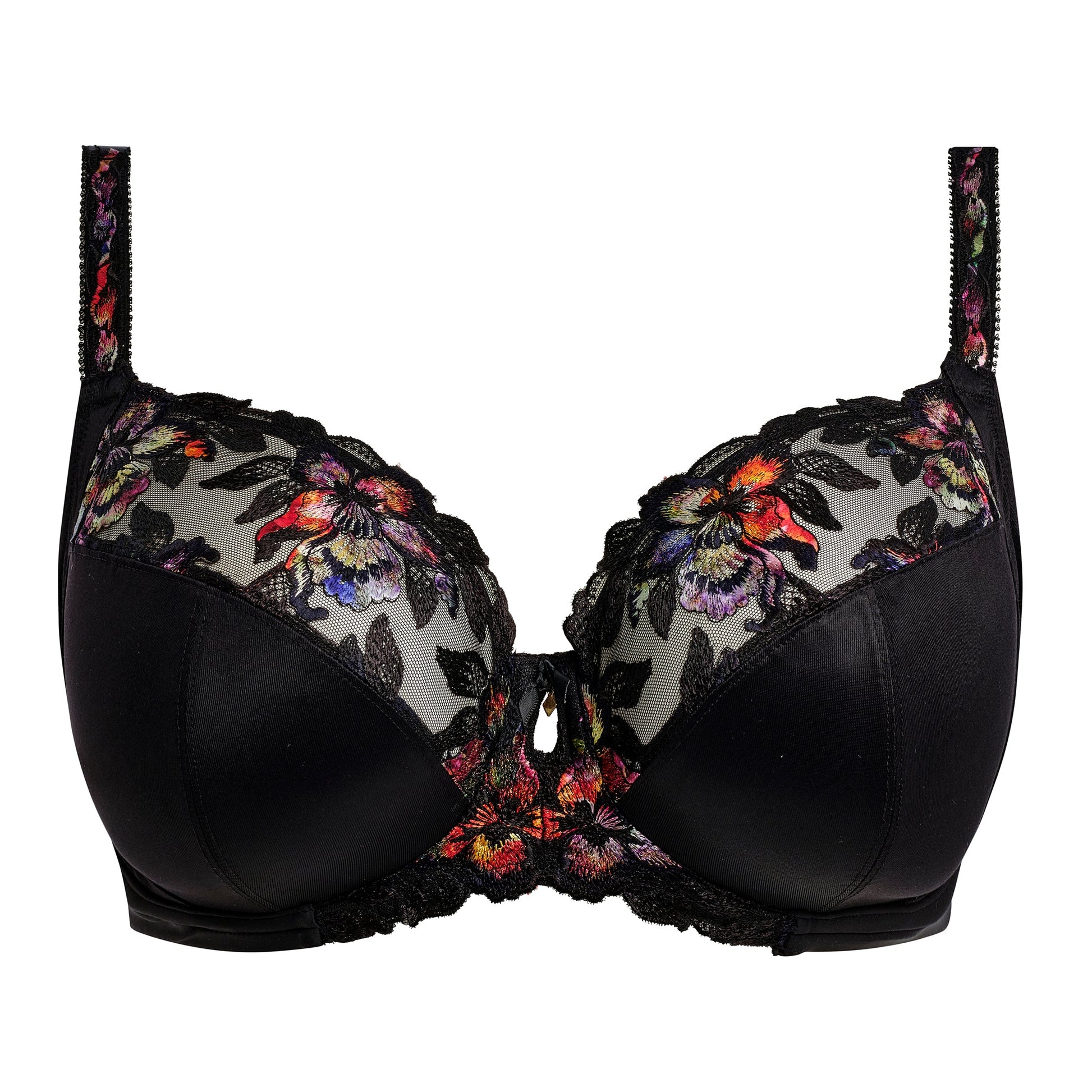 black lace balconette bra with embroidered flowers in sunset colours 