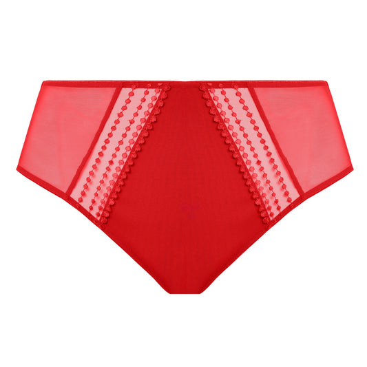  high waist plussize brief with mesh panels in red color against a white background