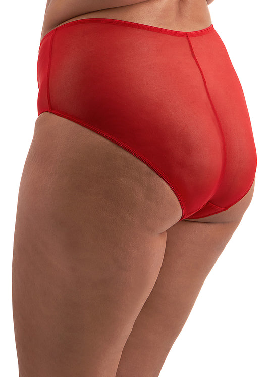 curvy woman wearing a high waist brief with mesh panels in red color against a white background