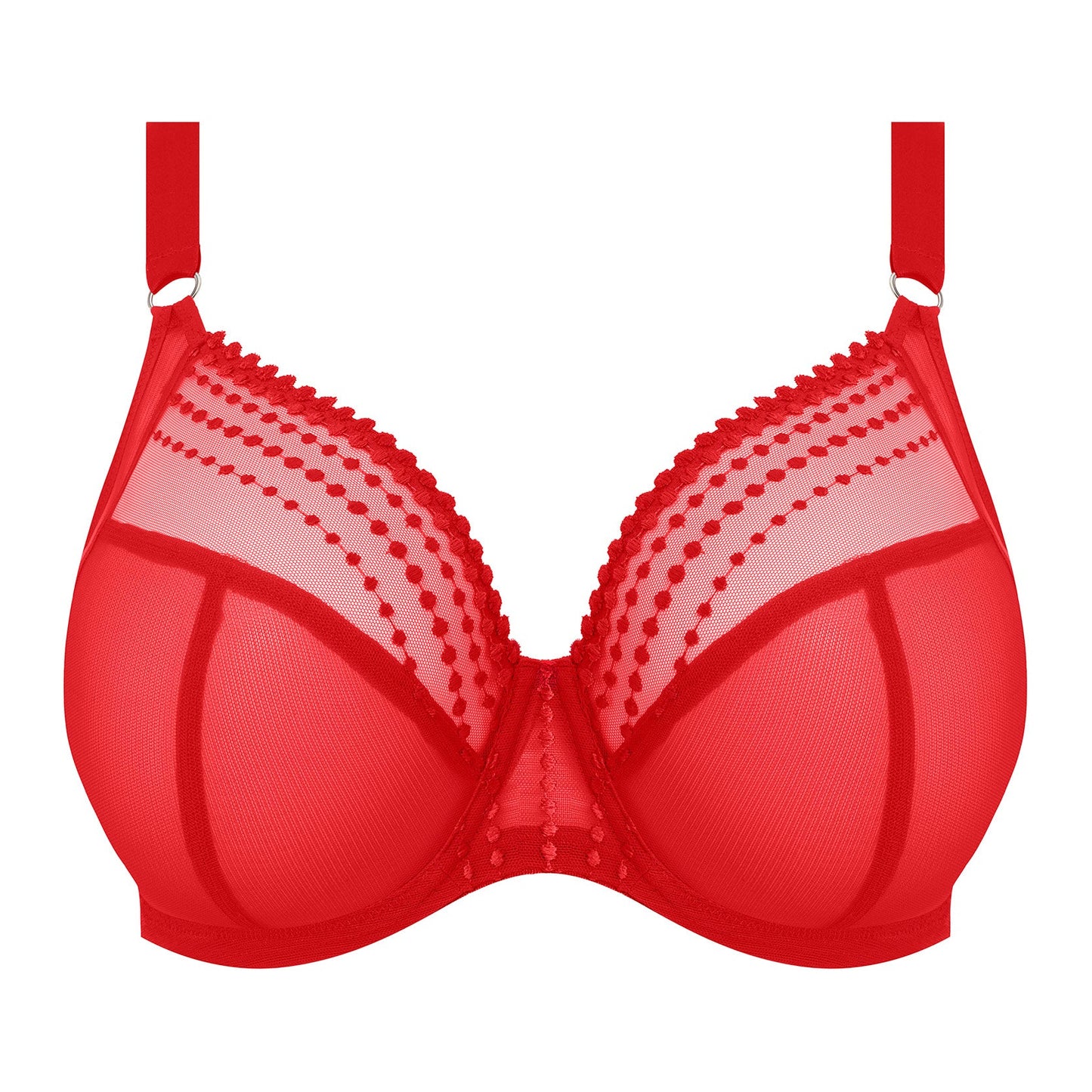 plussize bra with mesh panels in red color against a white background