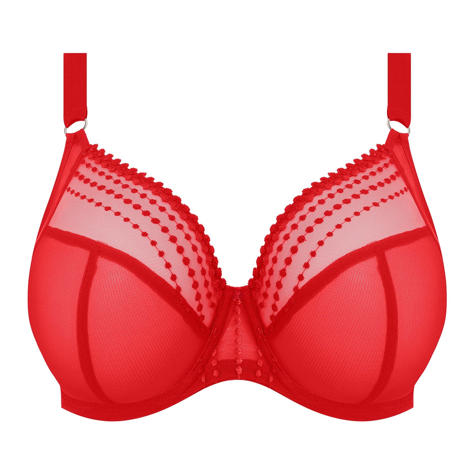 plussize bra with mesh panels in red color against a white background