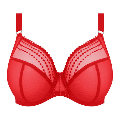 plussize bra with mesh panels in red color against a white background
