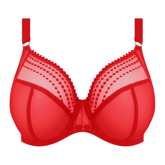 plussize bra with mesh panels in red color against a white background