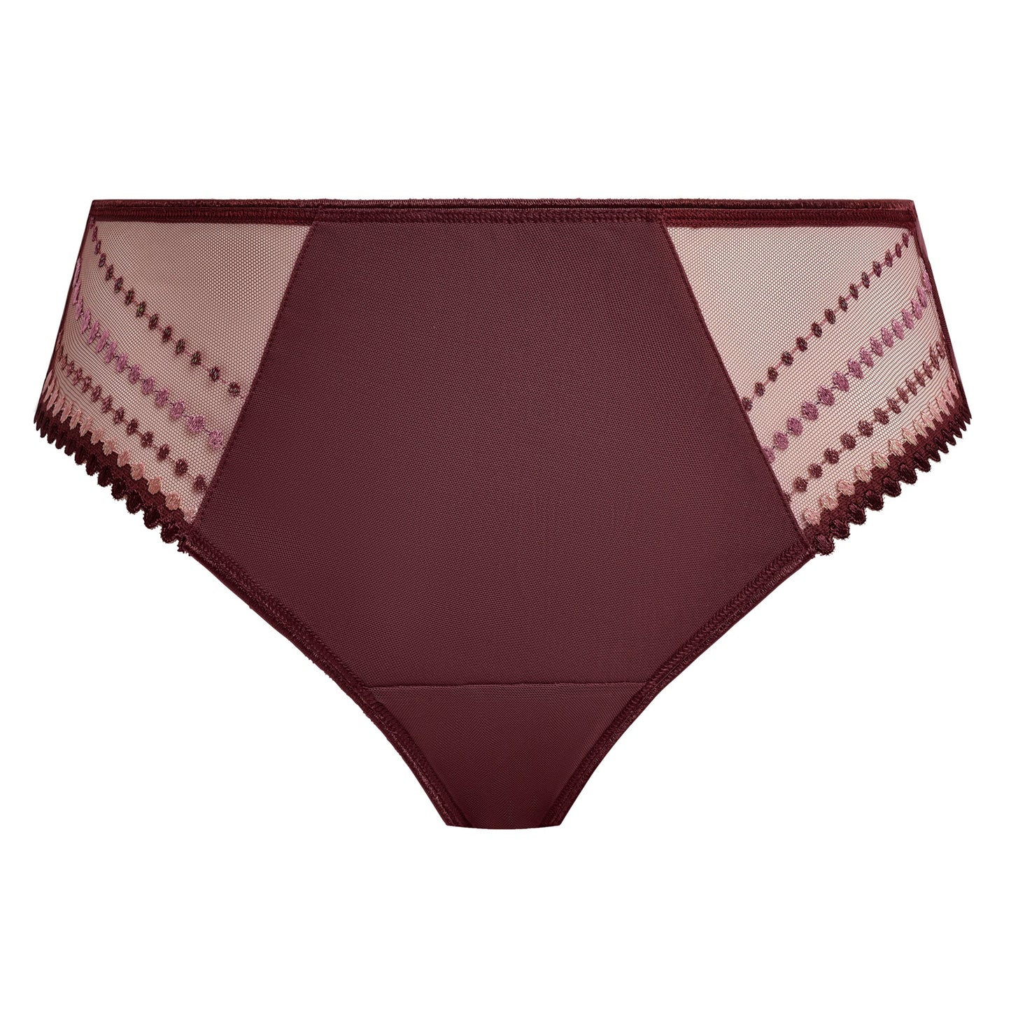 purple plussize high-waisted lingerie bottom with lace trim on a white background