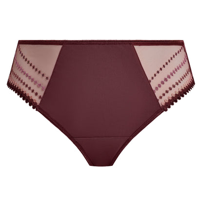 purple plussize high-waisted lingerie bottom with lace trim on a white background