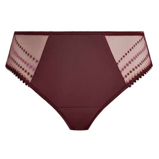 purple plussize high-waisted lingerie bottom with lace trim on a white background