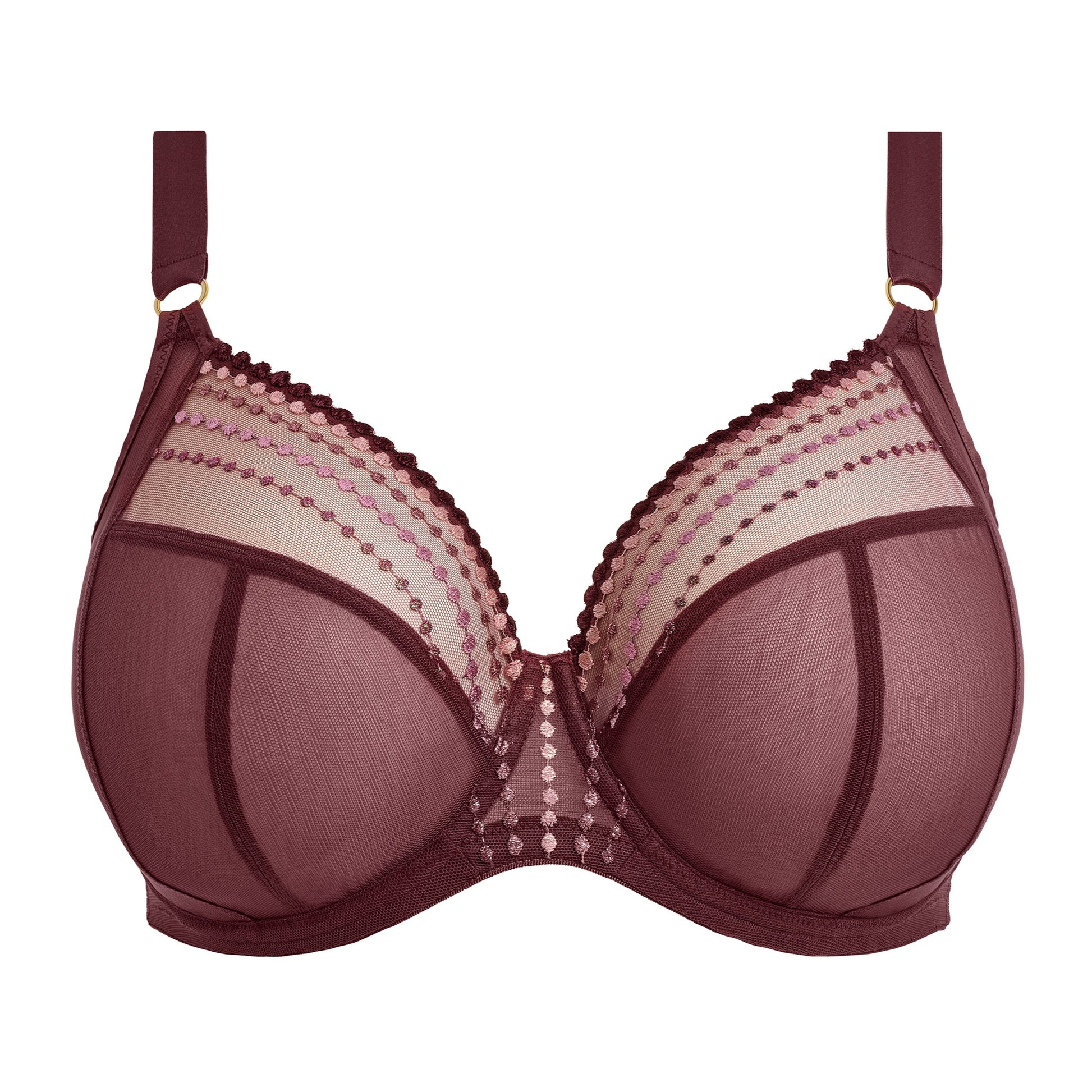 Purple bra with  mesh panels on a white background