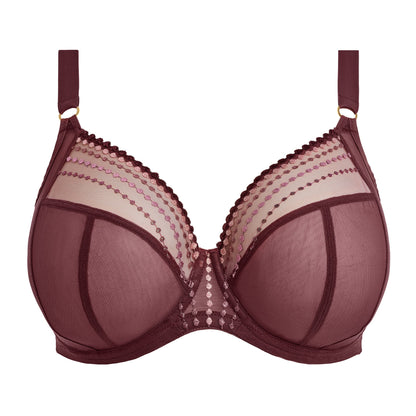 Purple bra with  mesh panels on a white background