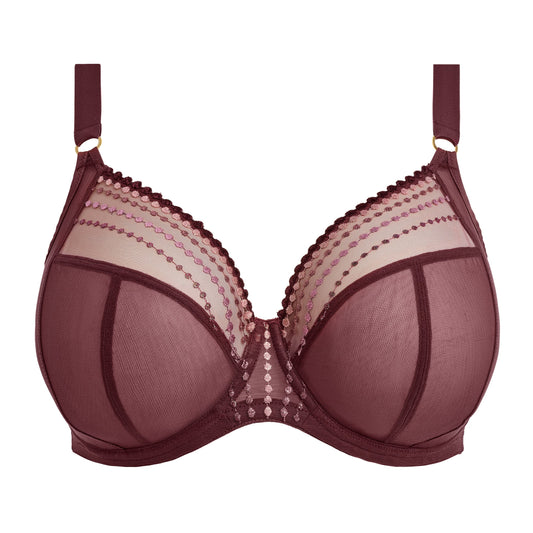 Purple bra with  mesh panels on a white background