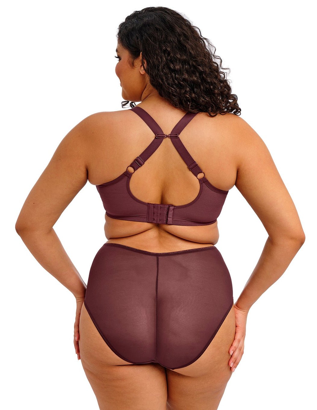 curvy woman wearing plussize highwaist purple underwear with lace trim on a white background