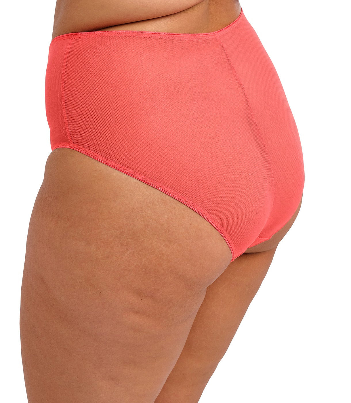 curvy woman wearing a high waist plussize brief with mesh in sunset color against a white background