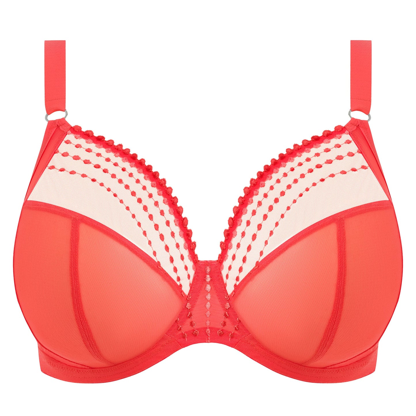 a plussize bra with mesh panels in sunset colour on a white background