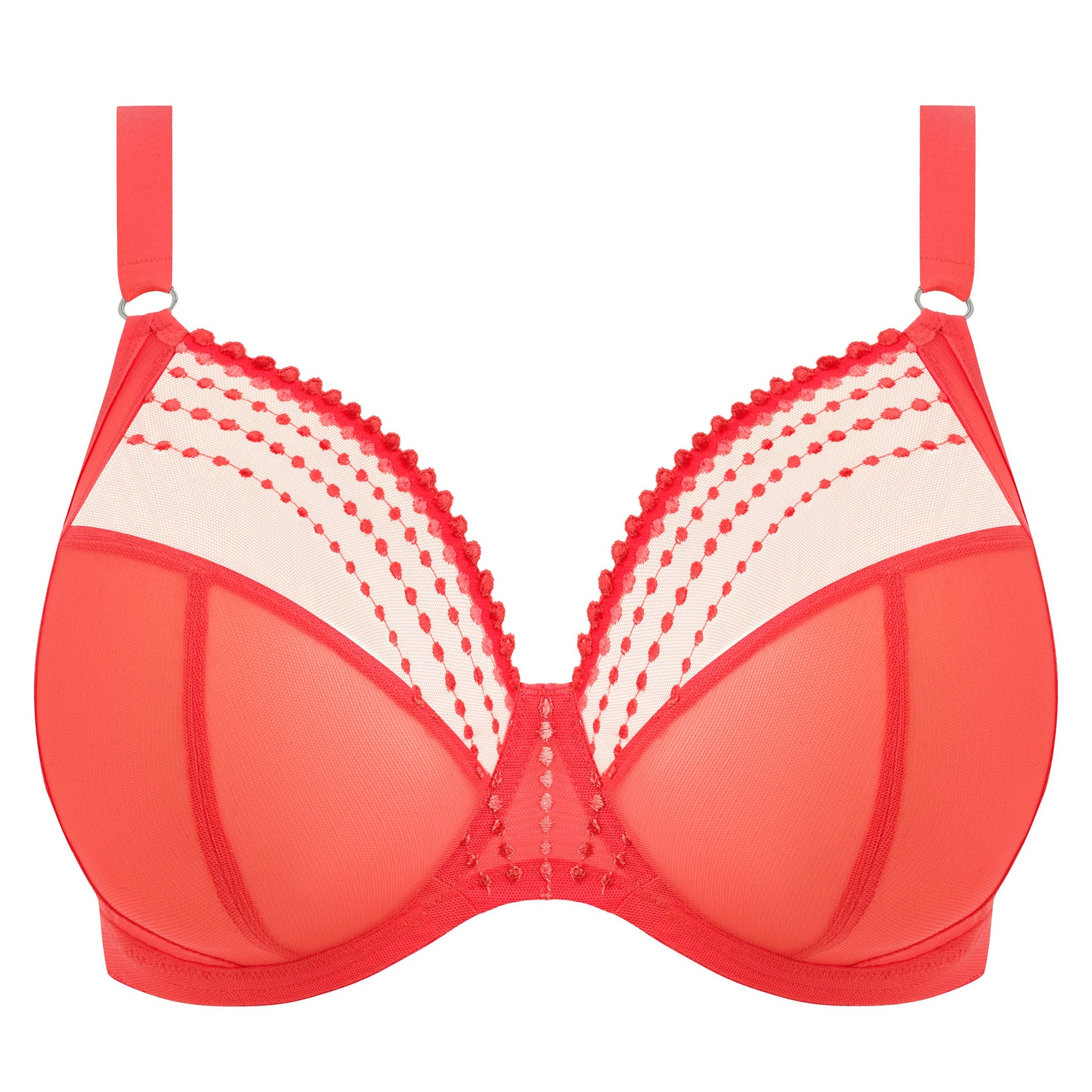 a plussize bra with mesh panels in sunset colour on a white background