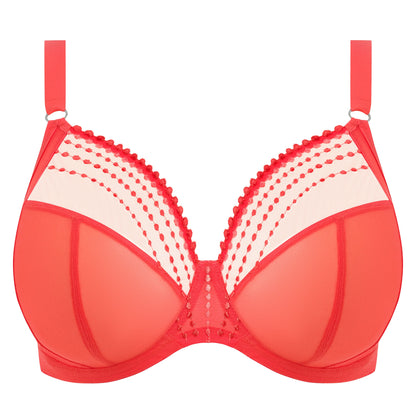 a plussize bra with mesh panels in sunset colour on a white background