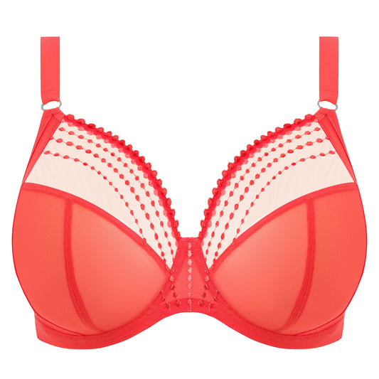 a plussize bra with mesh panels in sunset colour on a white background