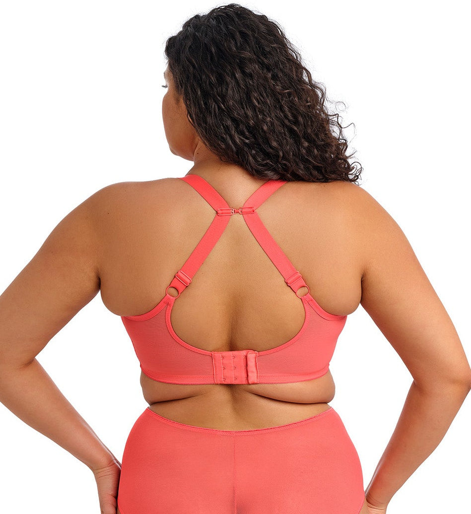 curvy woman wearing a sunset color lingerie set on a white background