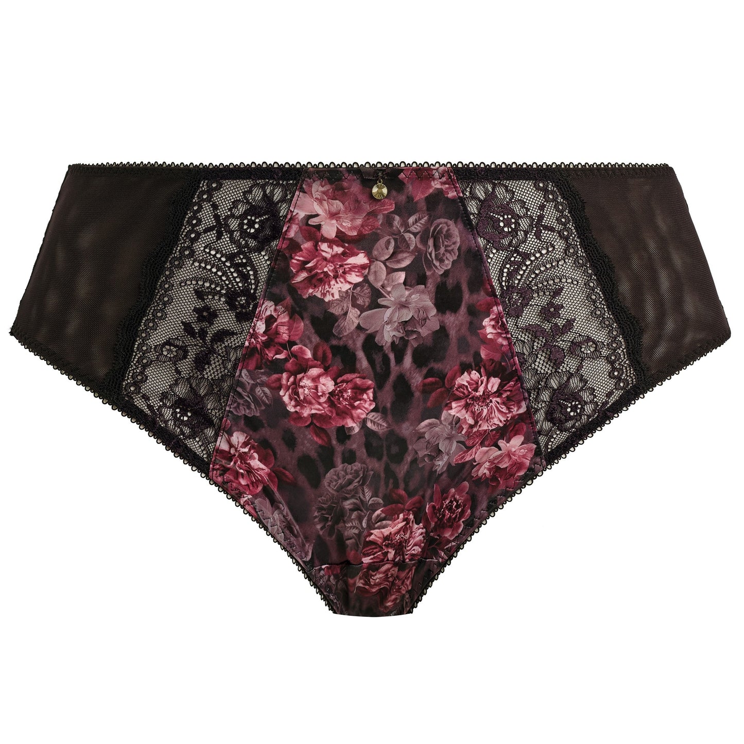 high waist brief with dark floral and lace pattern