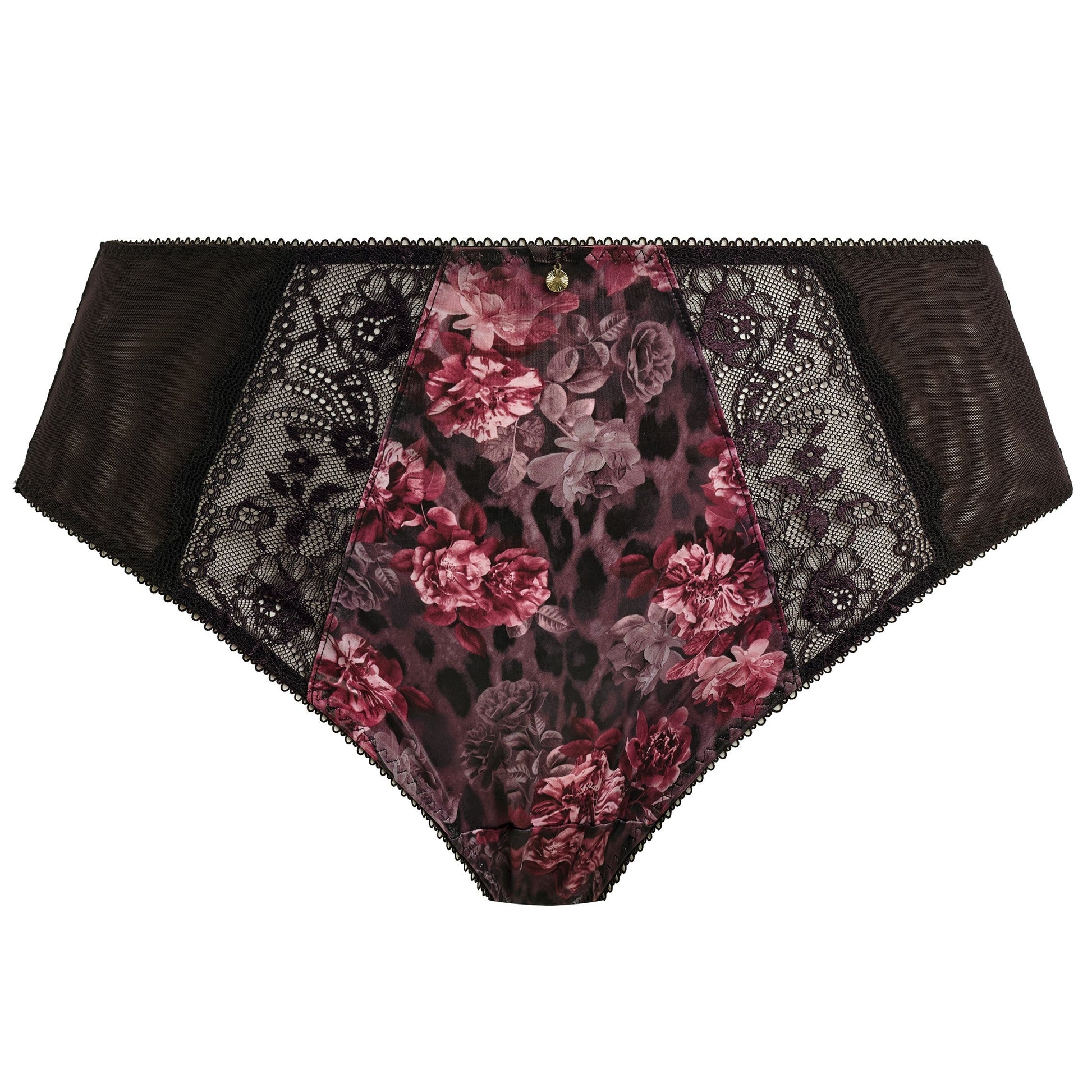 high waist brief with dark floral and lace pattern