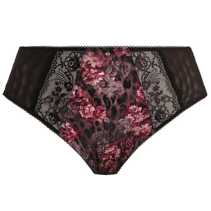 high waist brief with dark floral and lace pattern