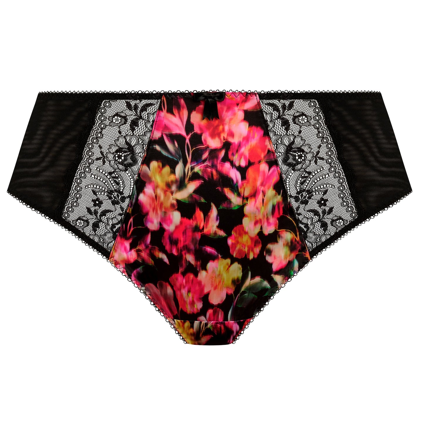 black plussize high waist brief with mesh lace panels and printed colorfull flowers