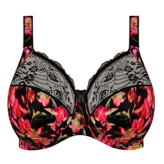 plussize bra in black with colourfull printed flowers and stretch lace 
