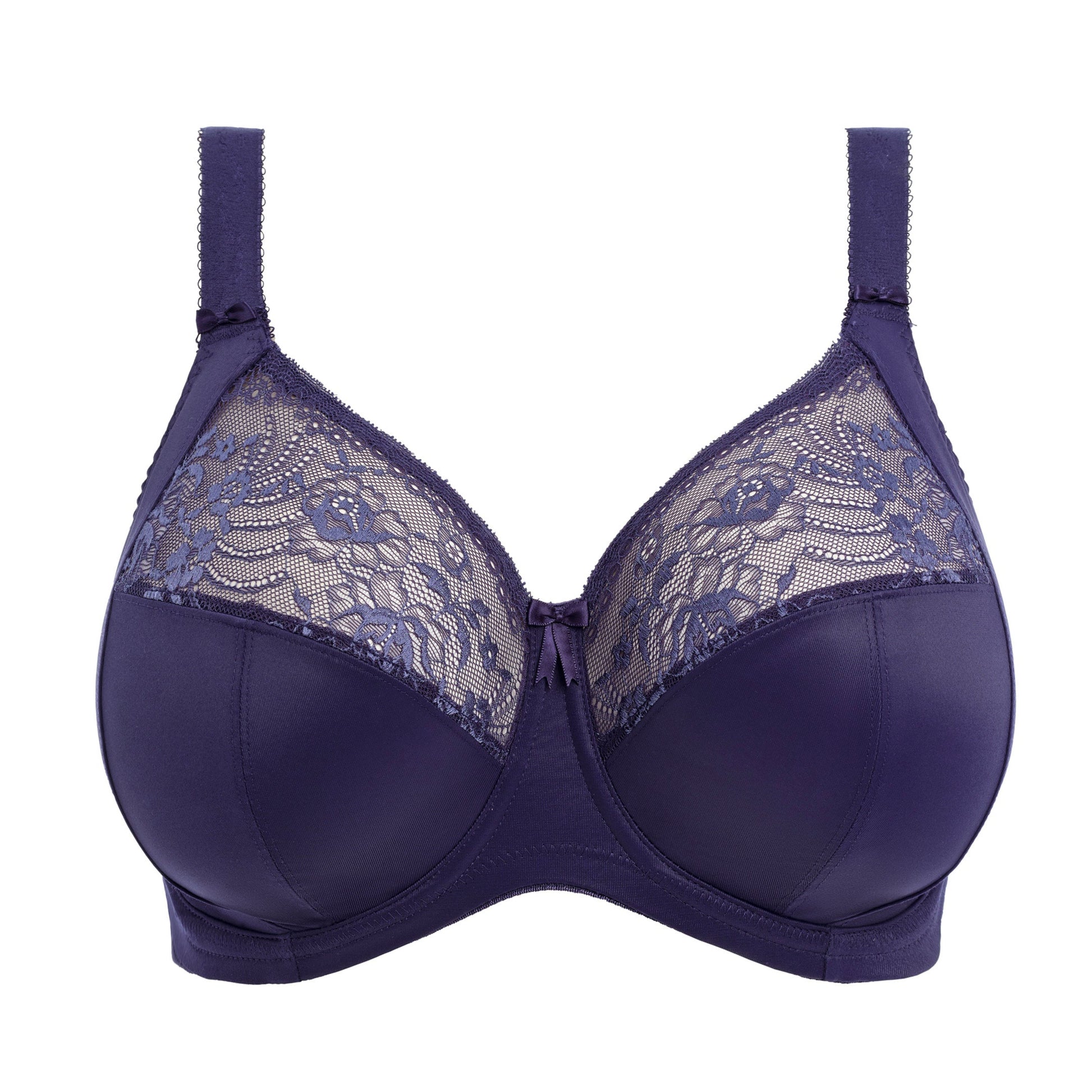 Blue bra with lace against a white background