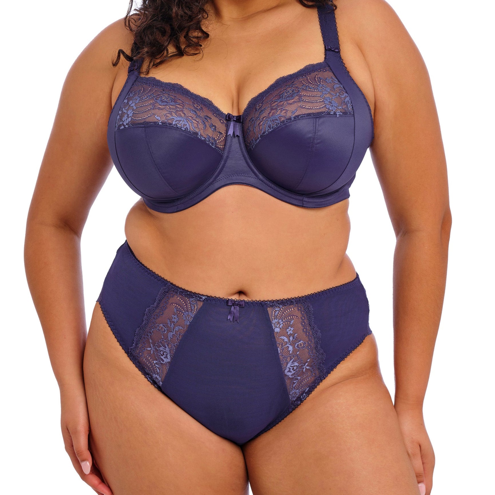 Midnight blue underwear with lace detailing on a white background